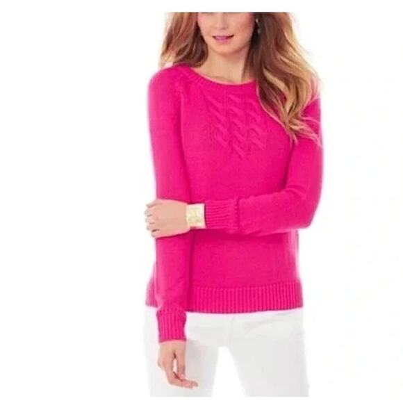 Lilly Pulitzer Seana Cable Knit Sweater Crewneck Pullover Hot Pink Size Medium - Picture 1 of 10